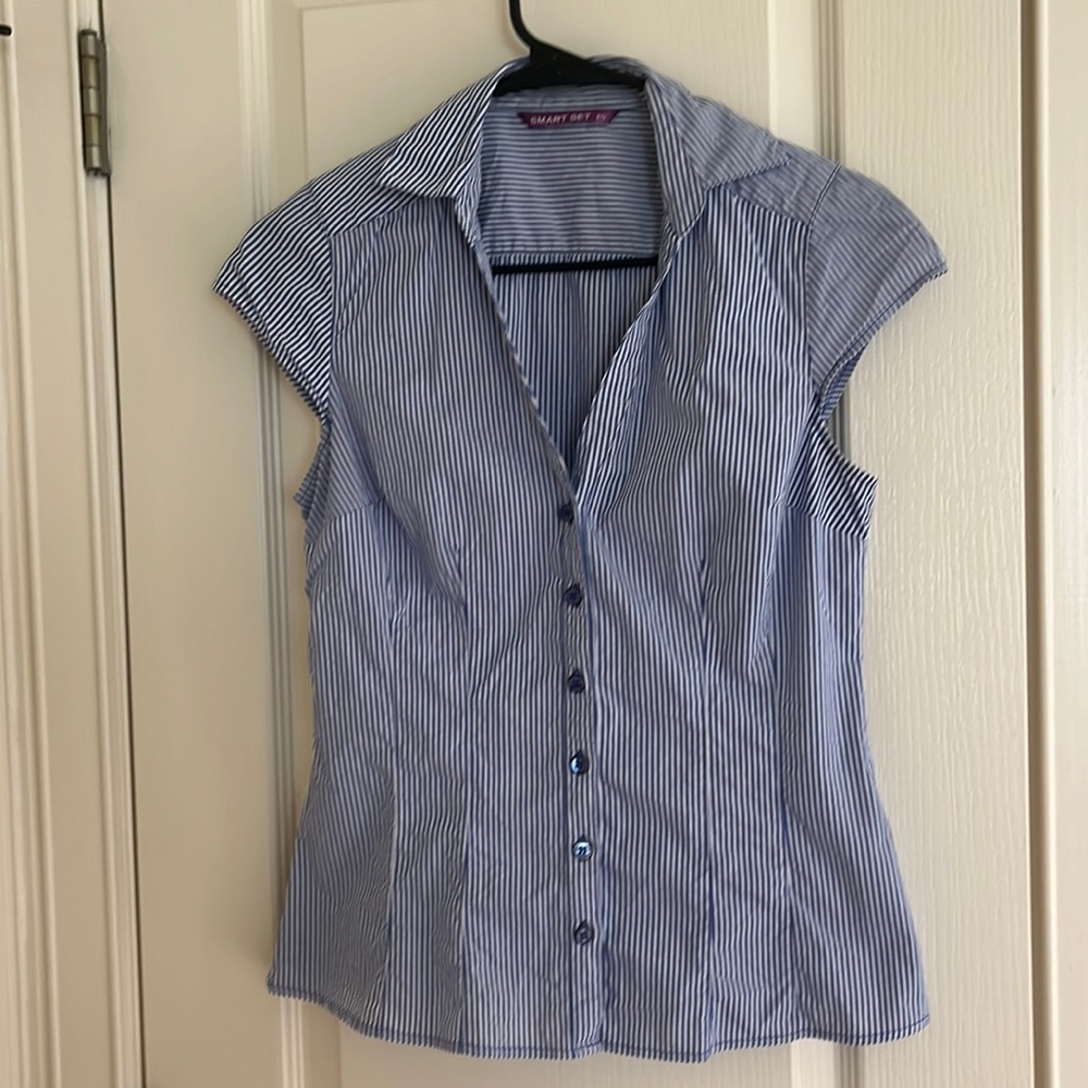 Blue and white stripe button down blouse